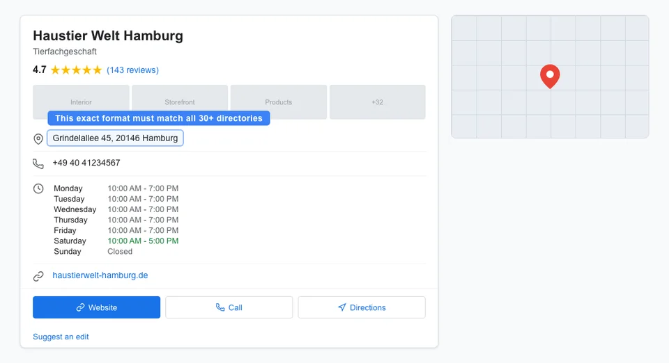 Google Business Profile panel for a Hamburg pet store showing the NAP information that must be replicated consistently across all directory listings including exact address format and phone number
