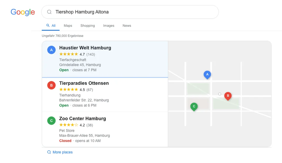 Google local pack for pet store Hamburg Altona showing three businesses with the top store having significantly more reviews and a higher rating due to its local content and community engagement strategy