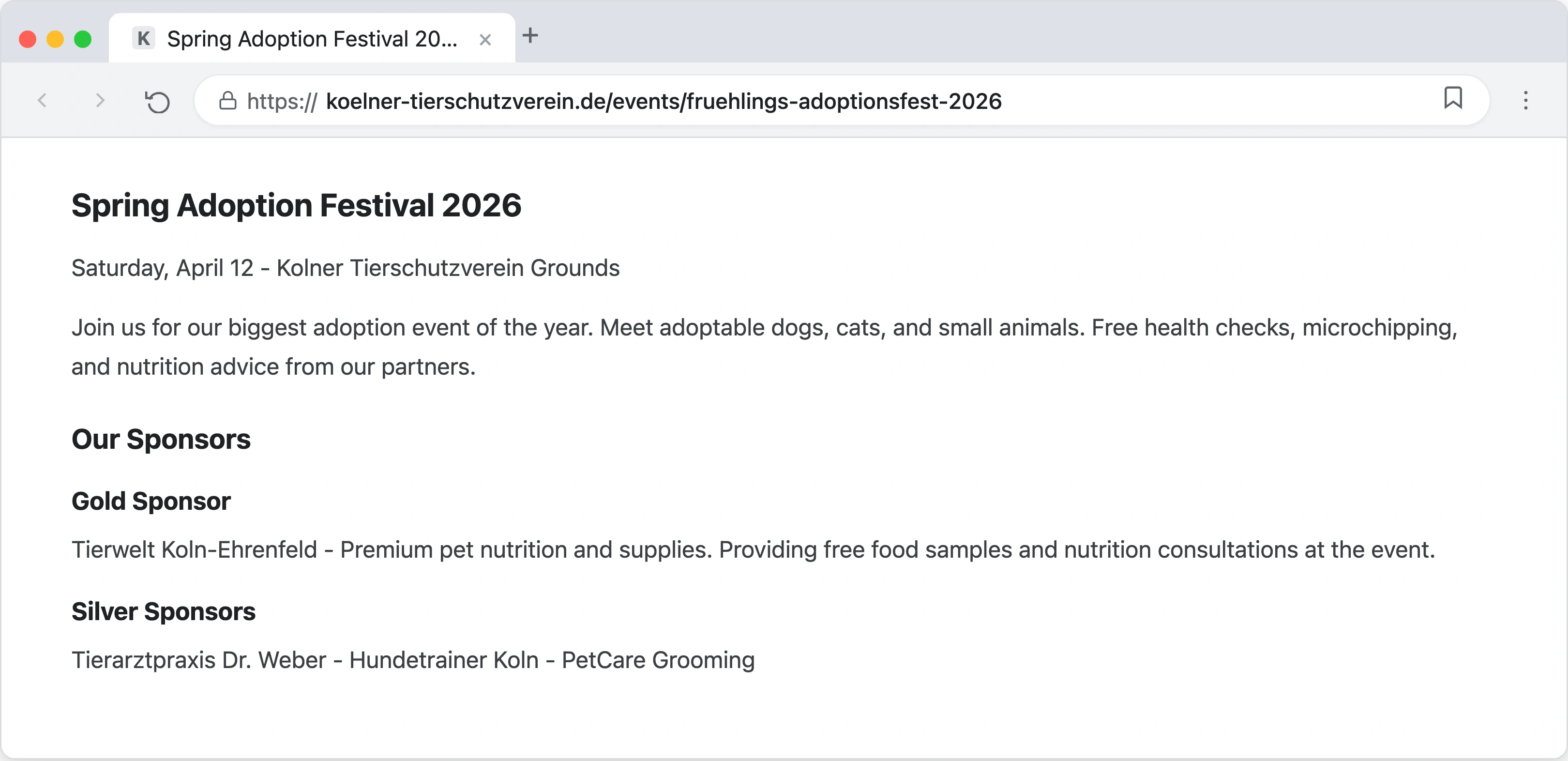 A local pet adoption event sponsorship page on the Cologne animal shelter website showing Tierwelt Koln-Ehrenfeld listed as a gold sponsor with a backlink to their website