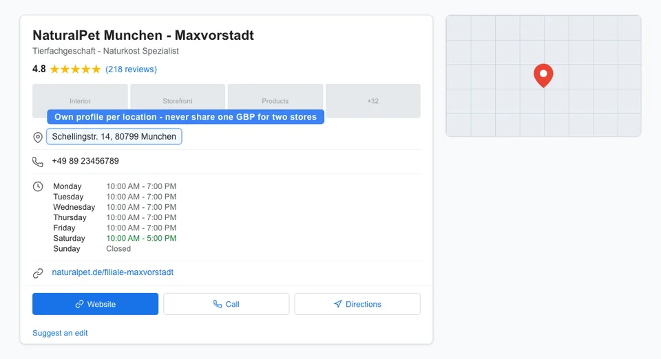Google Business Profile panel for one location of a multi-location pet store chain showing individual profile management with unique address, phone, and hours separate from other chain locations