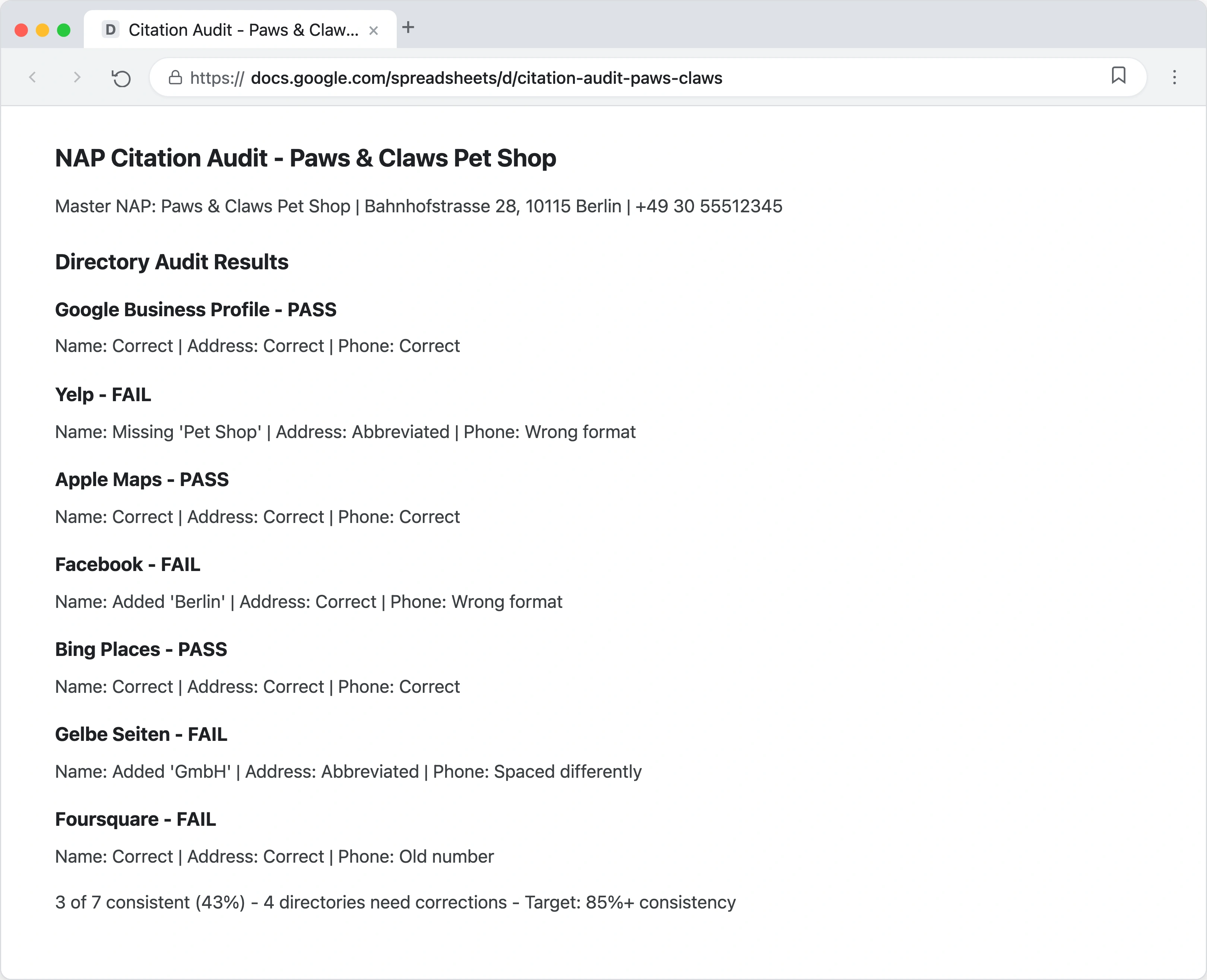 A citation audit spreadsheet showing NAP entries for a pet store across 10 directories with status columns indicating which listings have errors and which are consistent with the master NAP document