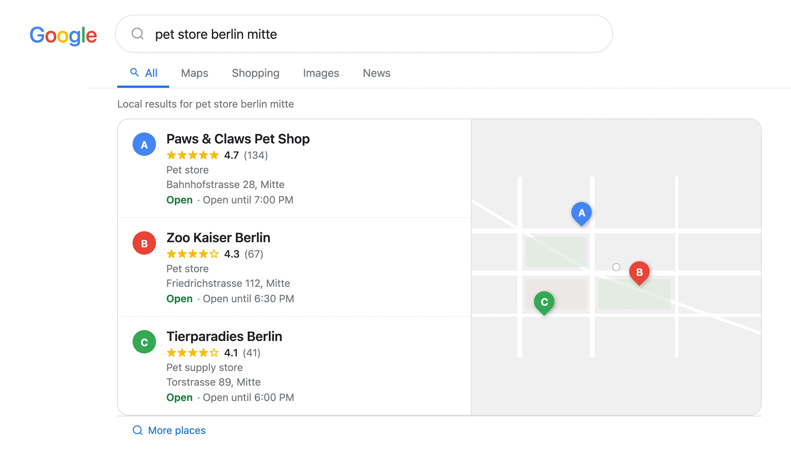 Google local pack results for pet store Berlin showing a store with consistent NAP ranking in position 1 with higher ratings and review count compared to competitors with inconsistent citation data