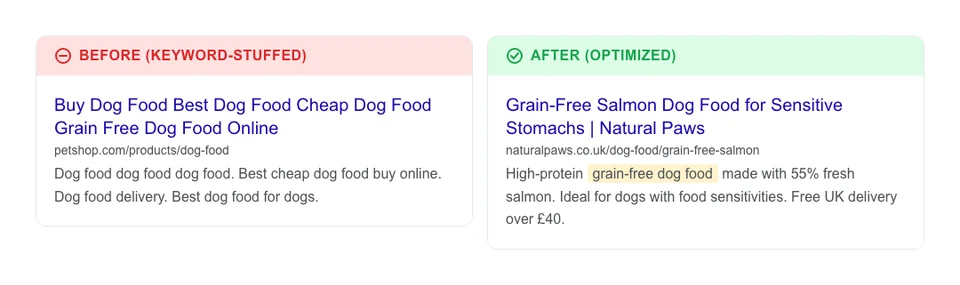 Before and after comparison of a pet store title tag showing the difference between a keyword-stuffed bad title and an optimized readable title