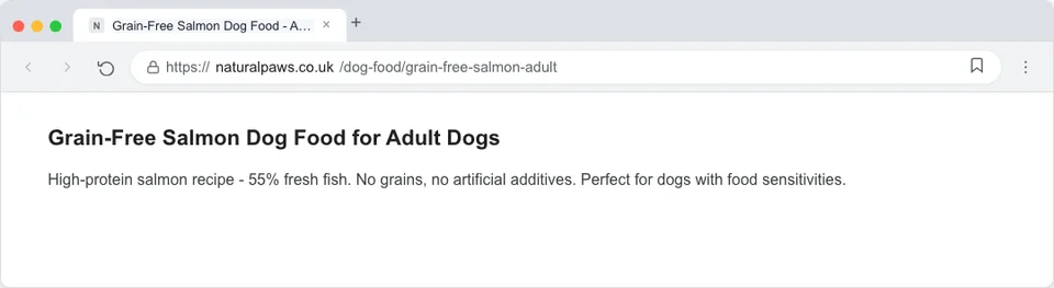 Chrome browser tab showing a well-optimized pet store title tag that includes the primary keyword near the beginning and stays under 60 characters