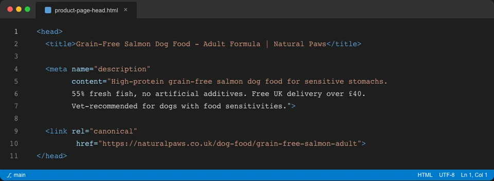 VS Code editor showing HTML head section with optimized title tag and meta description for a pet store product page following on-page SEO best practices