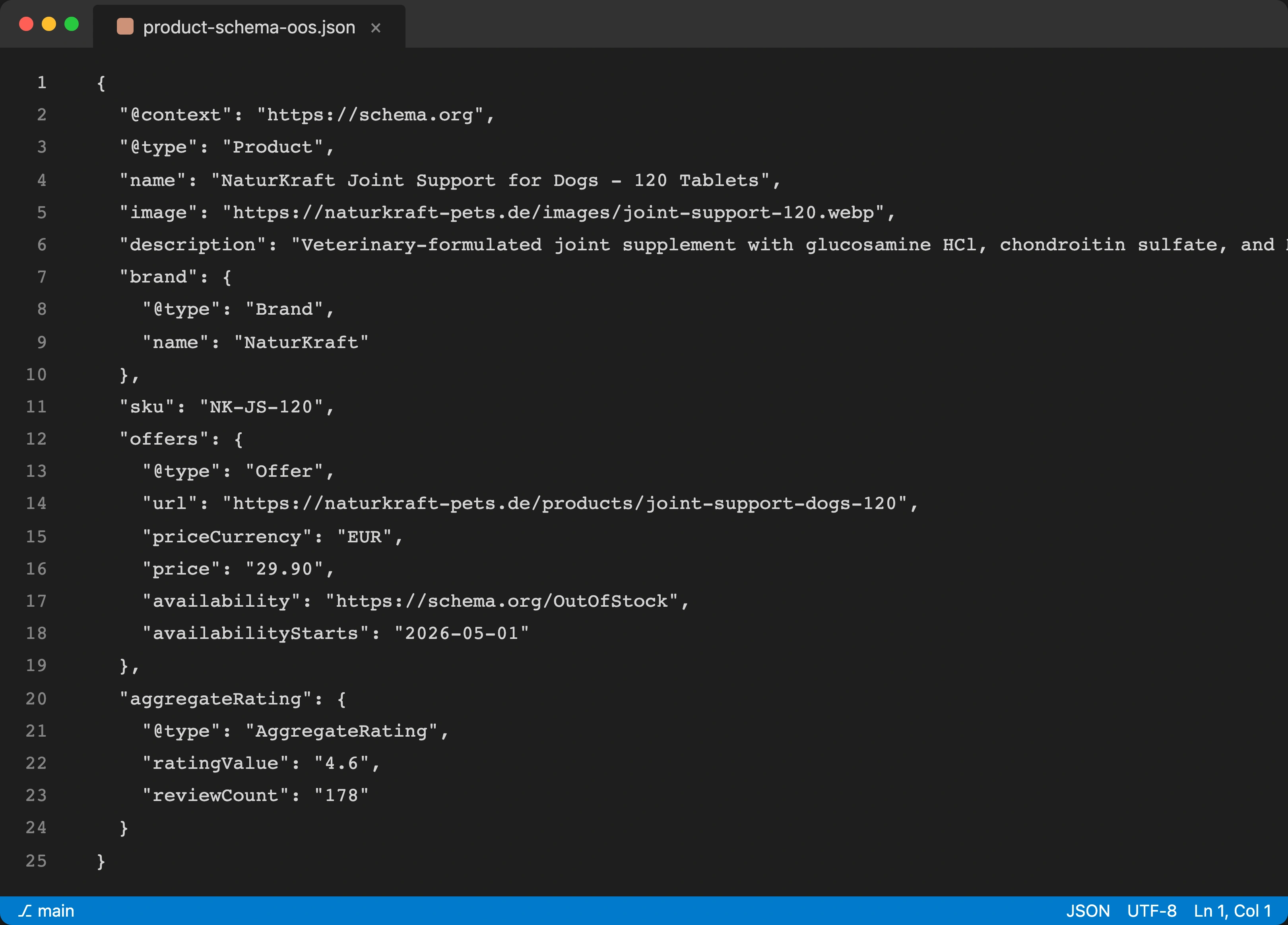 Code editor showing Product JSON-LD schema with availability set to OutOfStock and a back-in-stock notification script for a pet supplement product