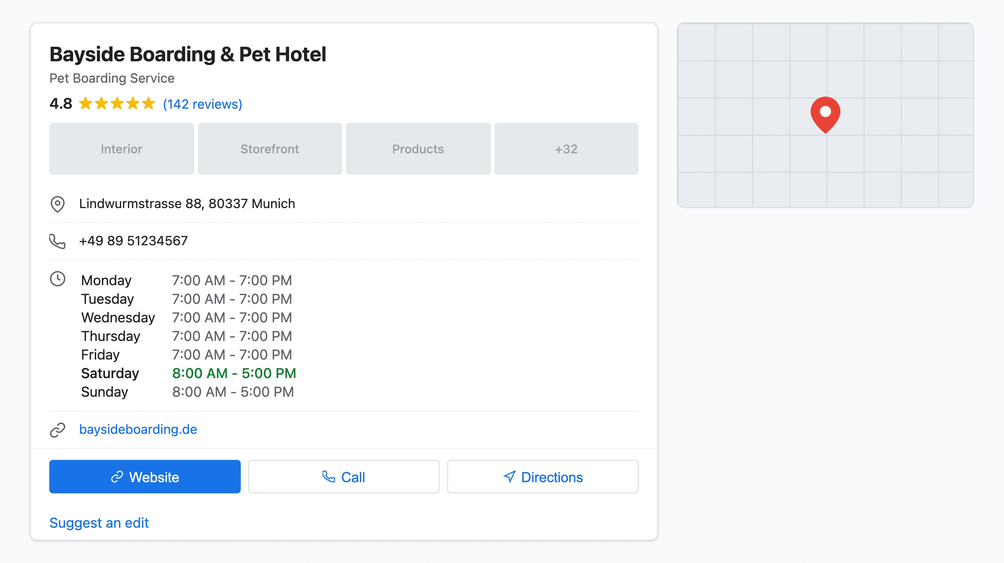 Google Business Profile for a pet boarding facility showing 78 photos, 142 reviews with a 4.8 star rating, services list, and 'Open now' status