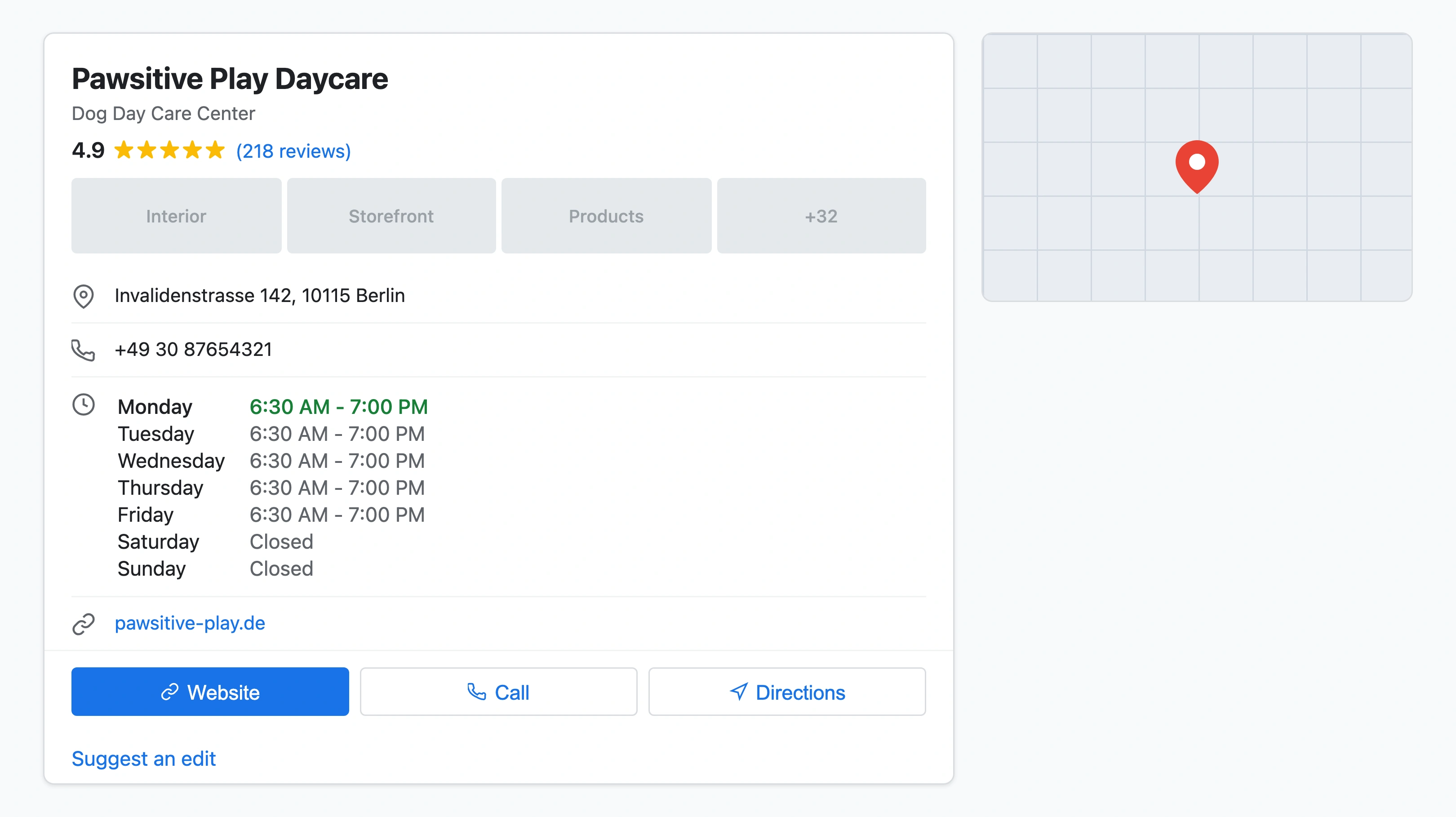 Google Business Profile for a doggy daycare showing 92 photos, 218 reviews with a 4.9 star rating, 'Dog Day Care Center' category, and weekday-focused hours starting at 6:30 AM