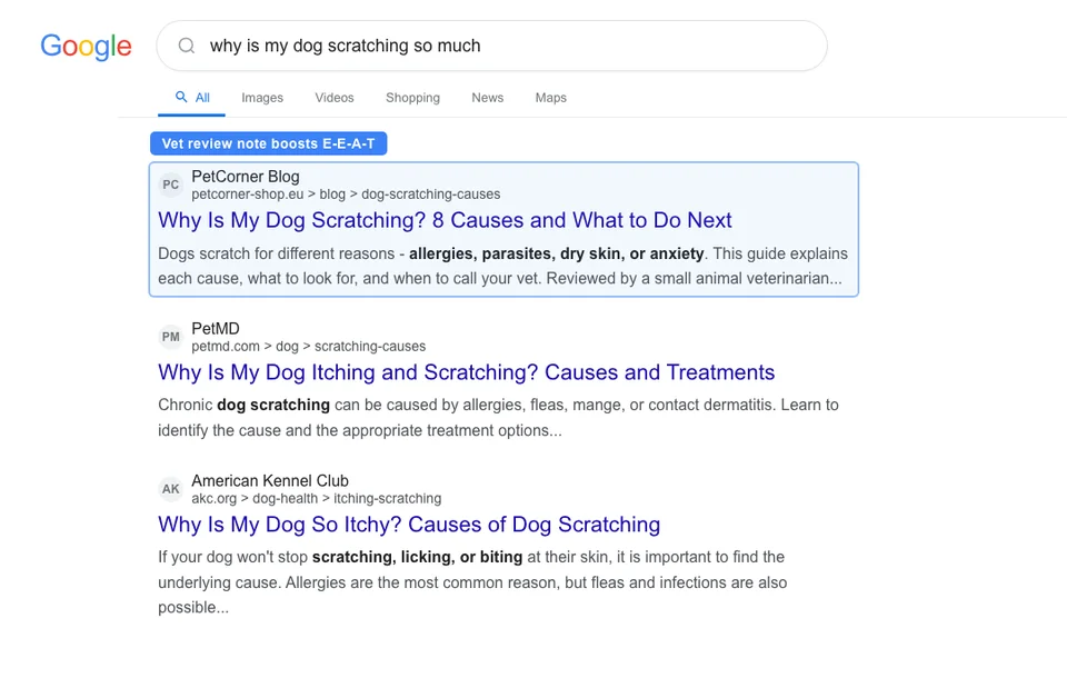 Google search results for why is my dog scratching showing how a pet store health article with proper sourcing and E-E-A-T signals ranks above generic pet sites