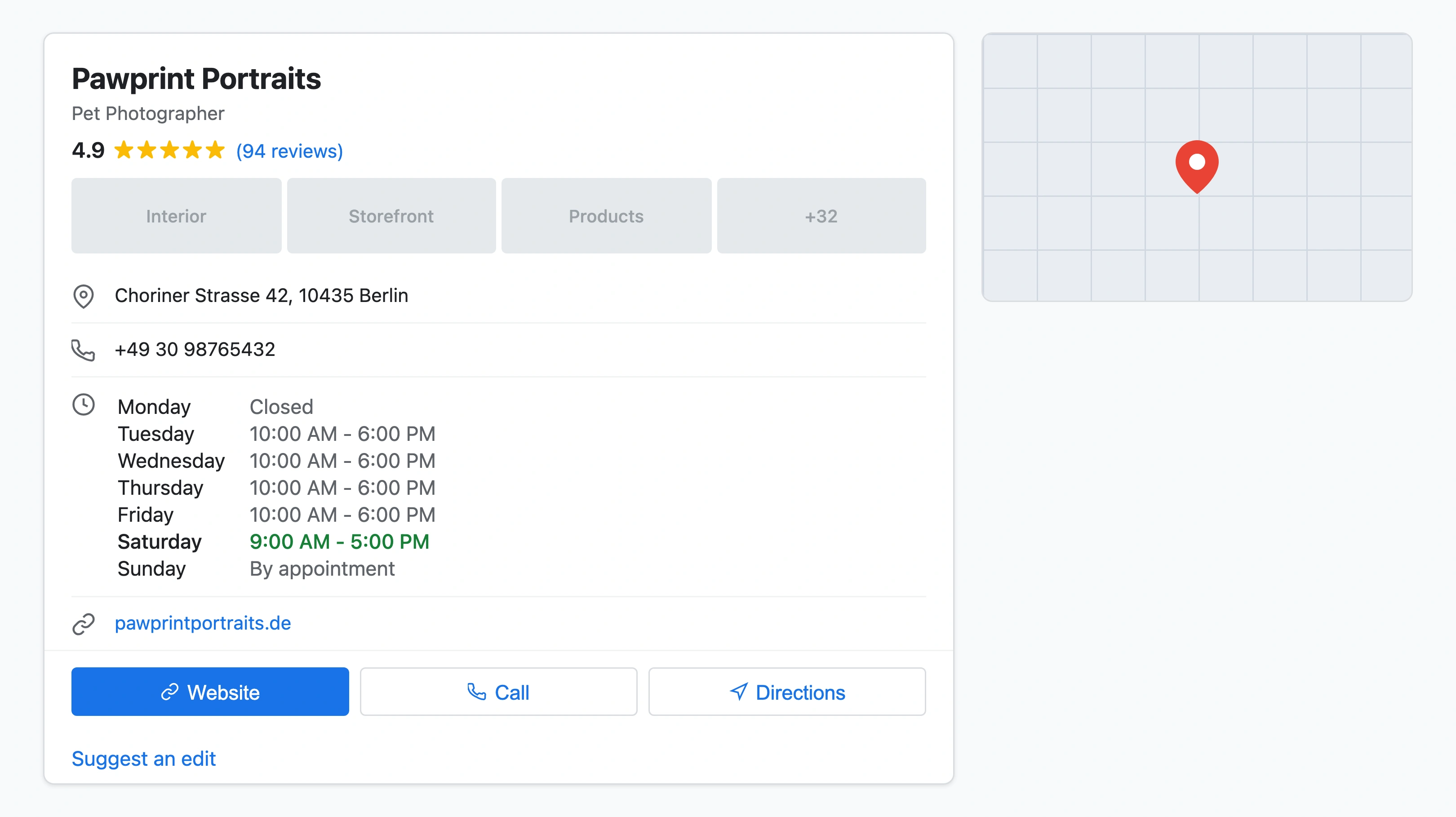 Google Business Profile for a pet photography studio showing 68 portfolio photos, 94 reviews with a 4.9 star rating, services list, and 'Open now' status