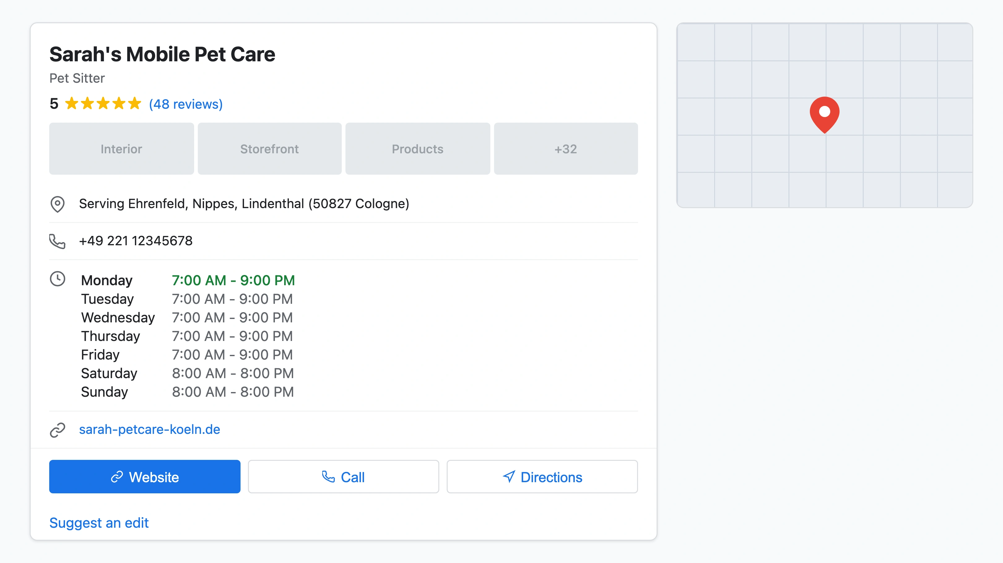 Google Business Profile for an independent pet sitter showing service area covering three Cologne neighborhoods, 64 photos across different local parks, 48 reviews with a 5.0 star rating, and 'Pet Sitter' primary category