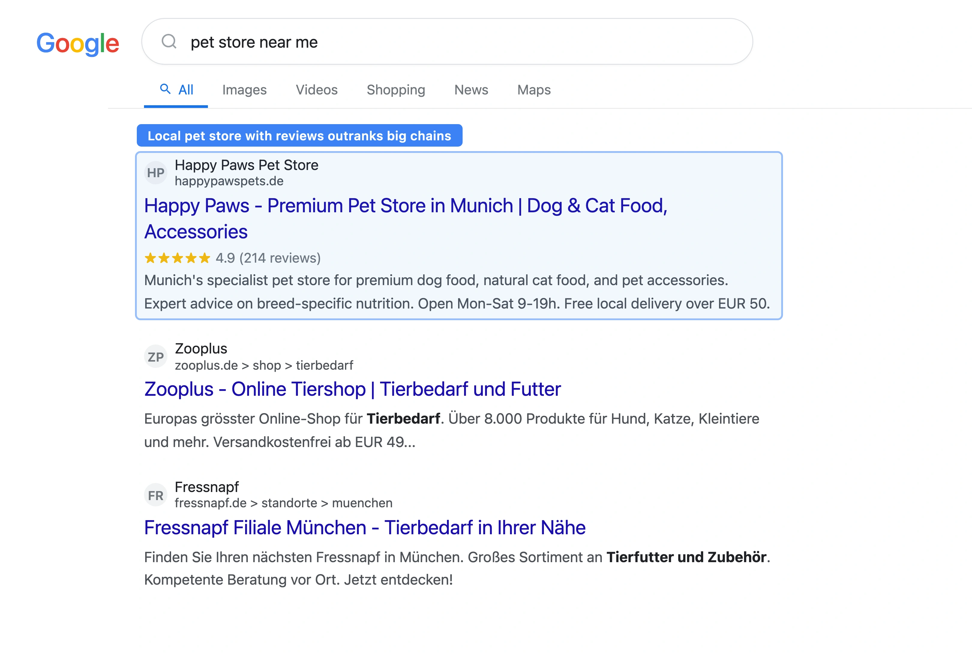Google search results for pet store near me showing local pack with three pet stores including ratings reviews and distance