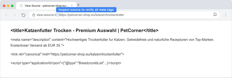Chrome browser developer tools view source showing meta tags for a pet store page including title, description, canonical, and structured data in the HTML head