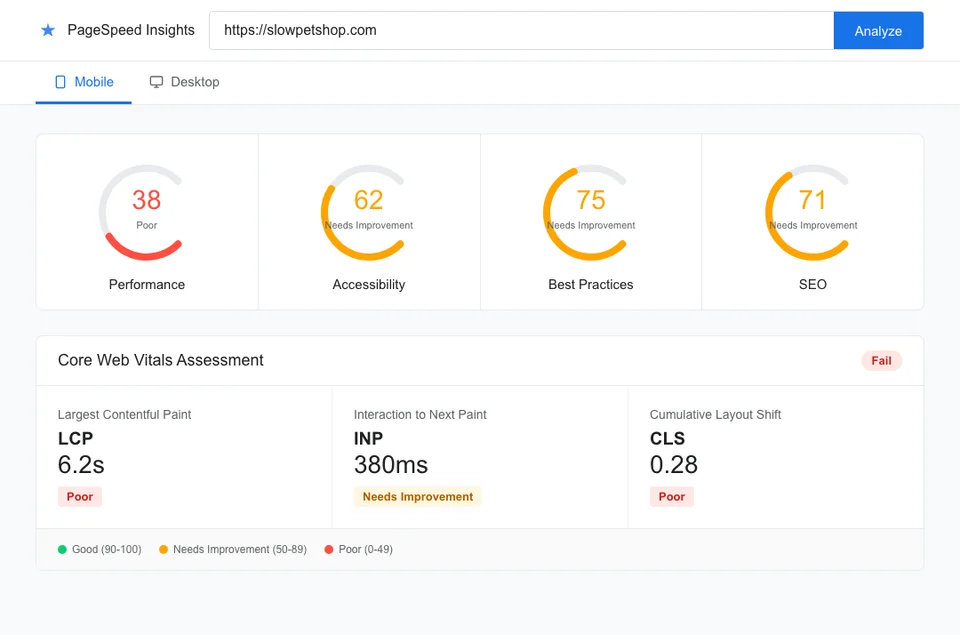 PageSpeed Insights scores for a typical unoptimized pet store website showing poor performance score of 38, with failing Core Web Vitals including slow LCP and high CLS