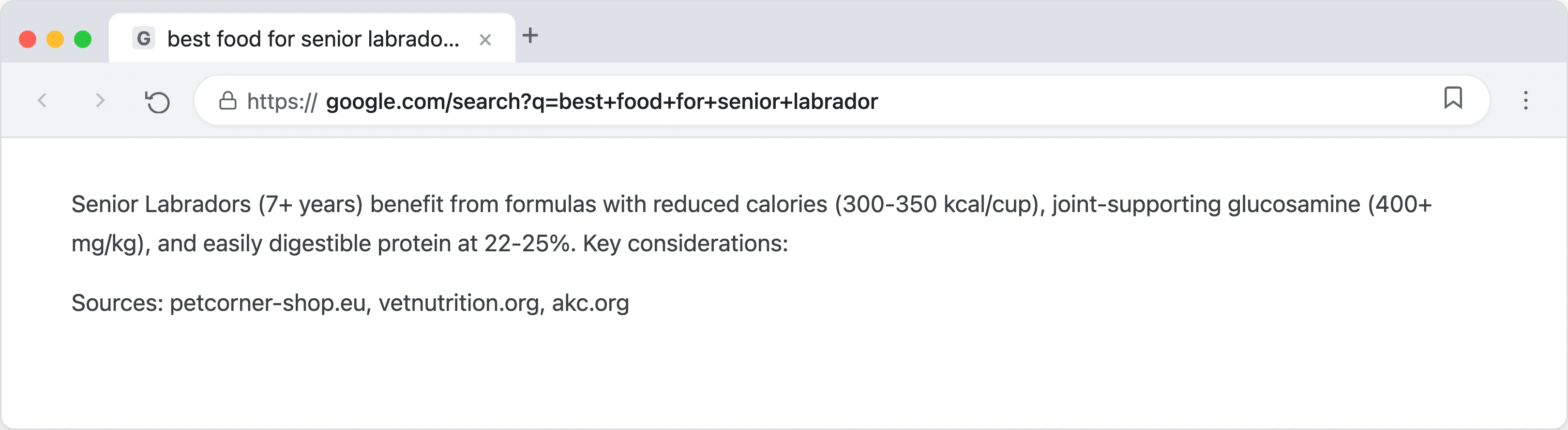 Google search results page showing an AI Overview panel answering a query about best food for senior Labradors with cited sources from pet store blogs