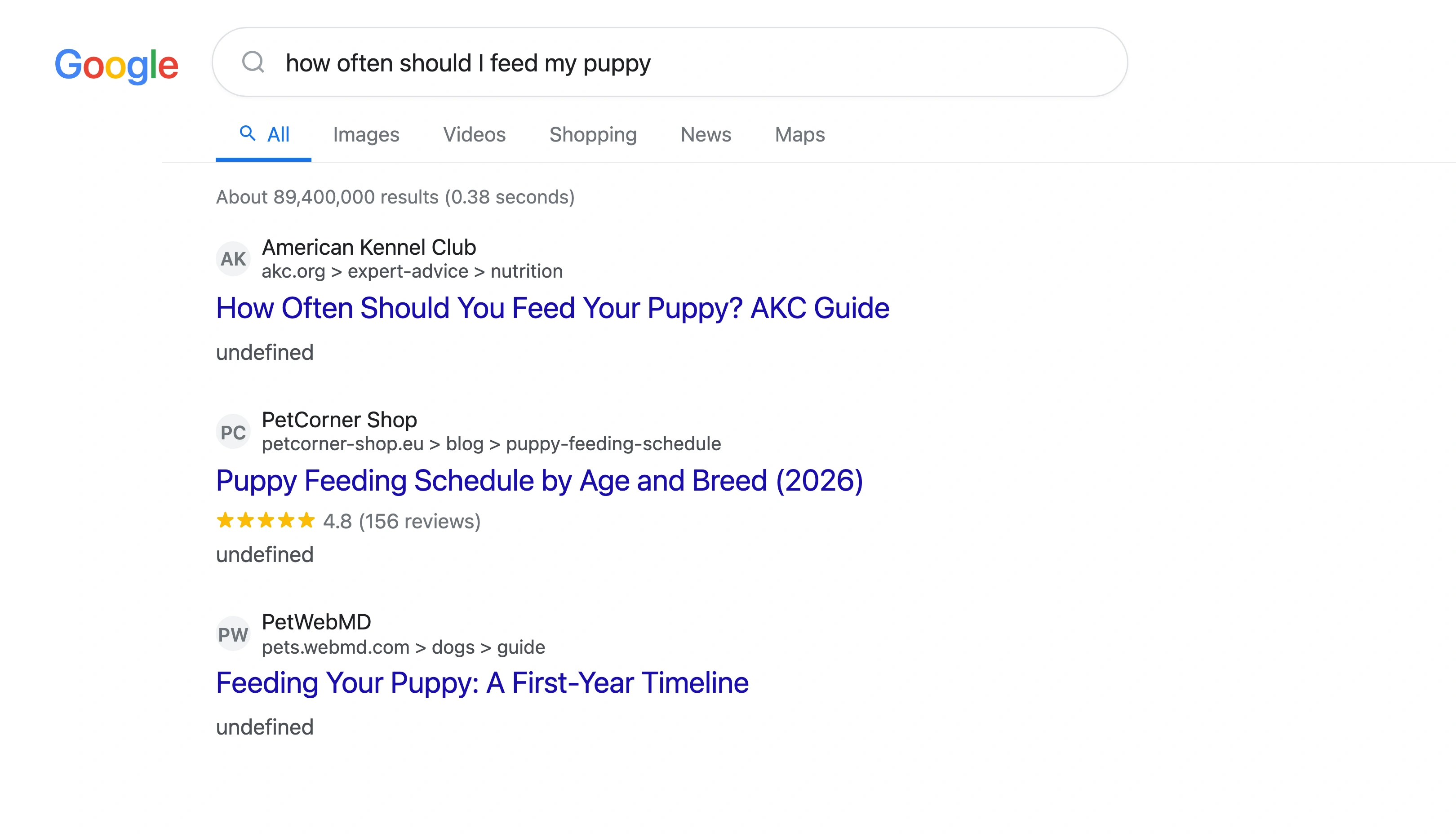 Google search results for how often should I feed my puppy showing AI Overview at the top pushing organic results further down the page