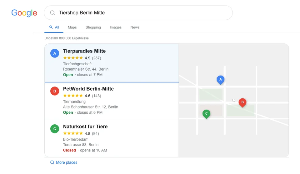 Google local pack showing three European pet stores in Berlin competing for the pet store near me query with ratings and review counts visible