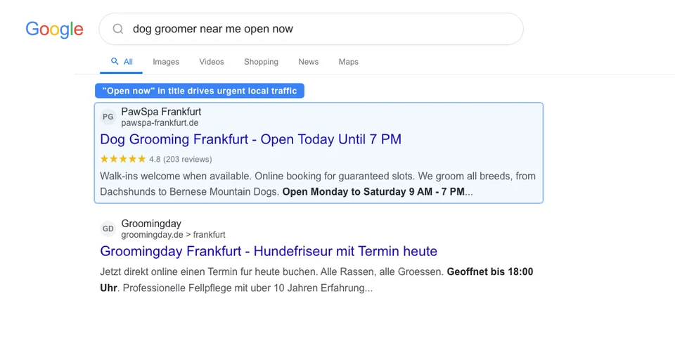 Google search results for pet groomer near me open now showing local results with a map pack and organic listings from a grooming salon that has optimized for near me and open now queries
