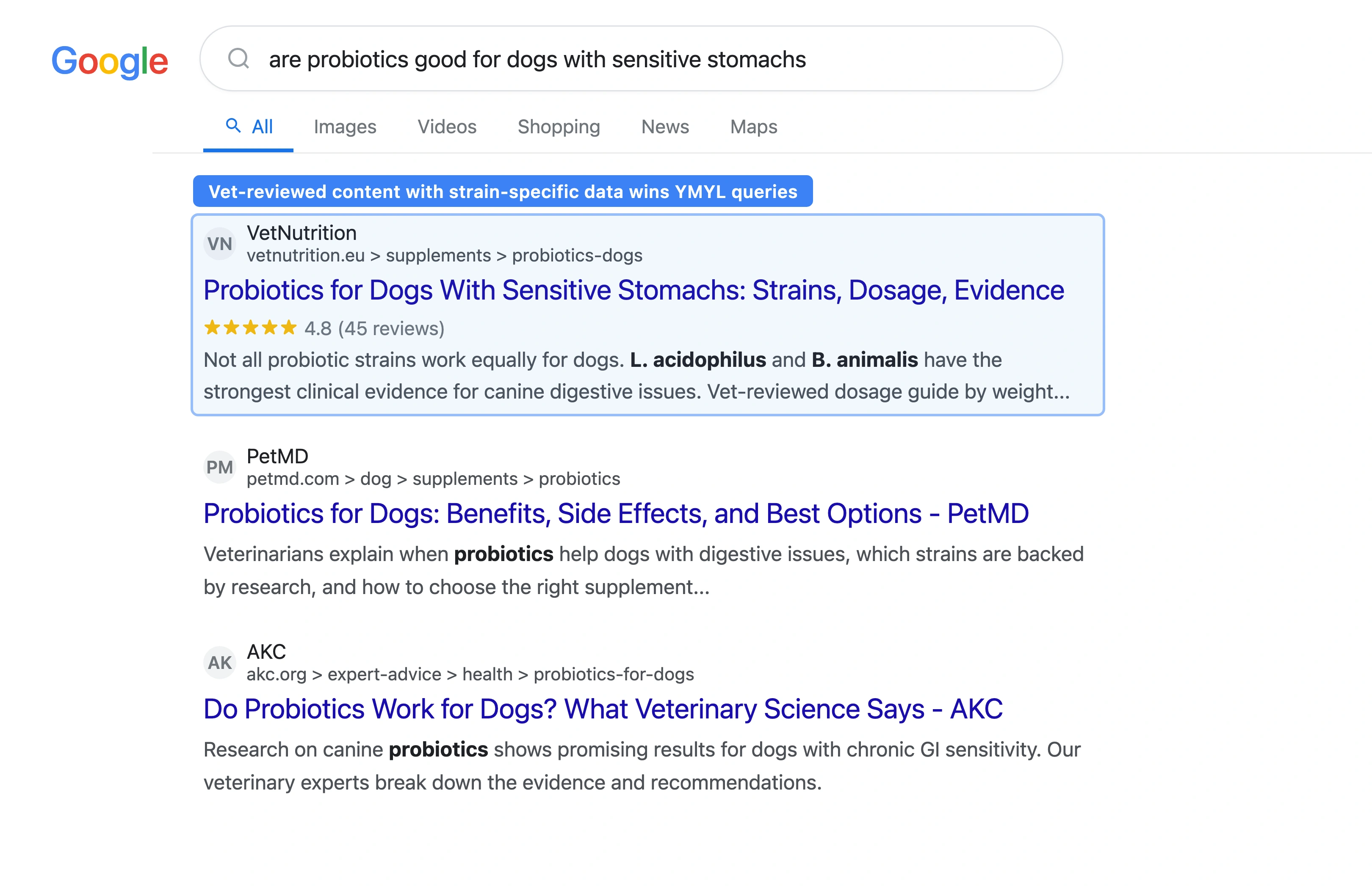 Google search results for pet probiotic query showing E-E-A-T signals in top-ranking supplement content