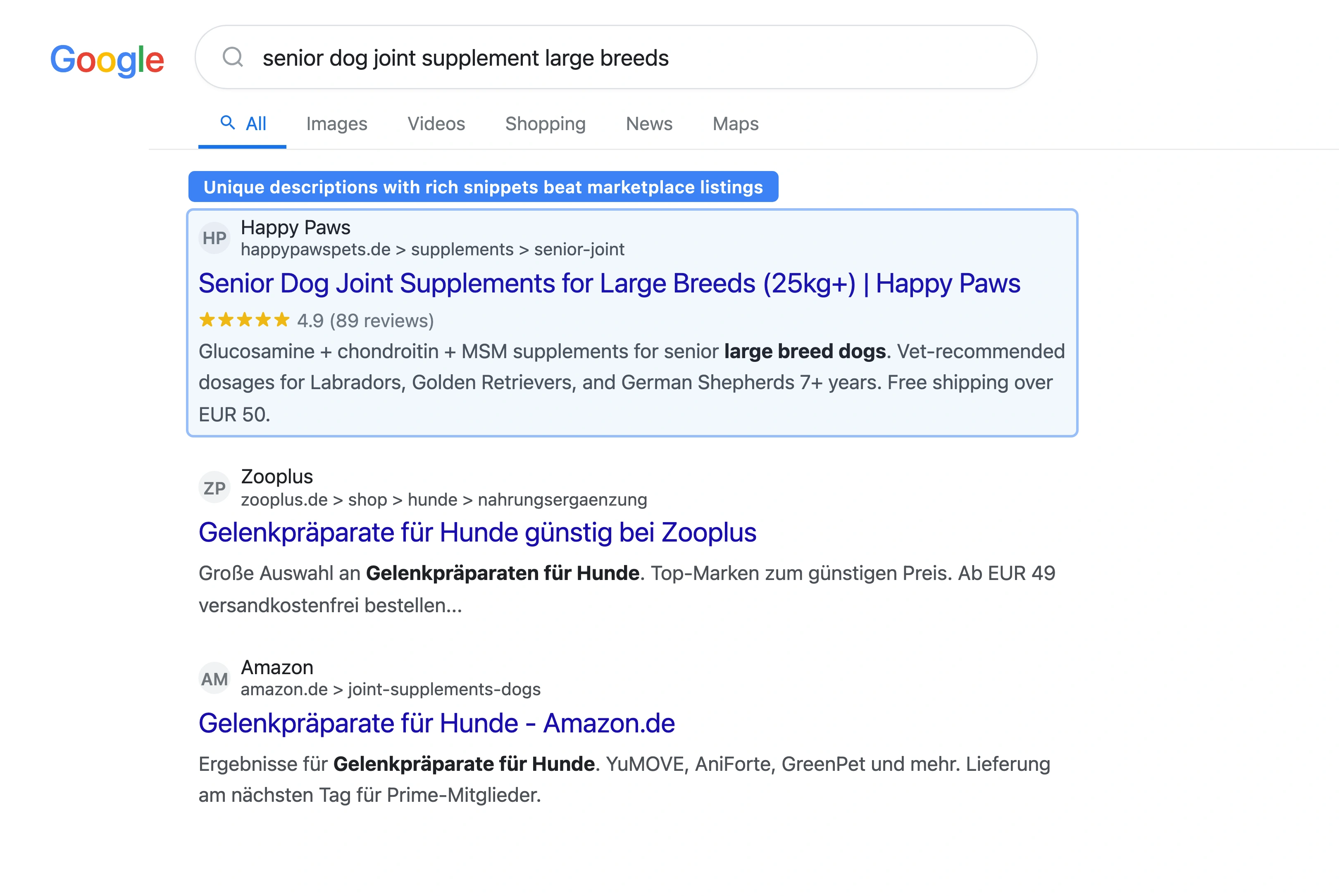 Google search results for senior dog joint supplement showing product rich snippets with ratings prices and availability