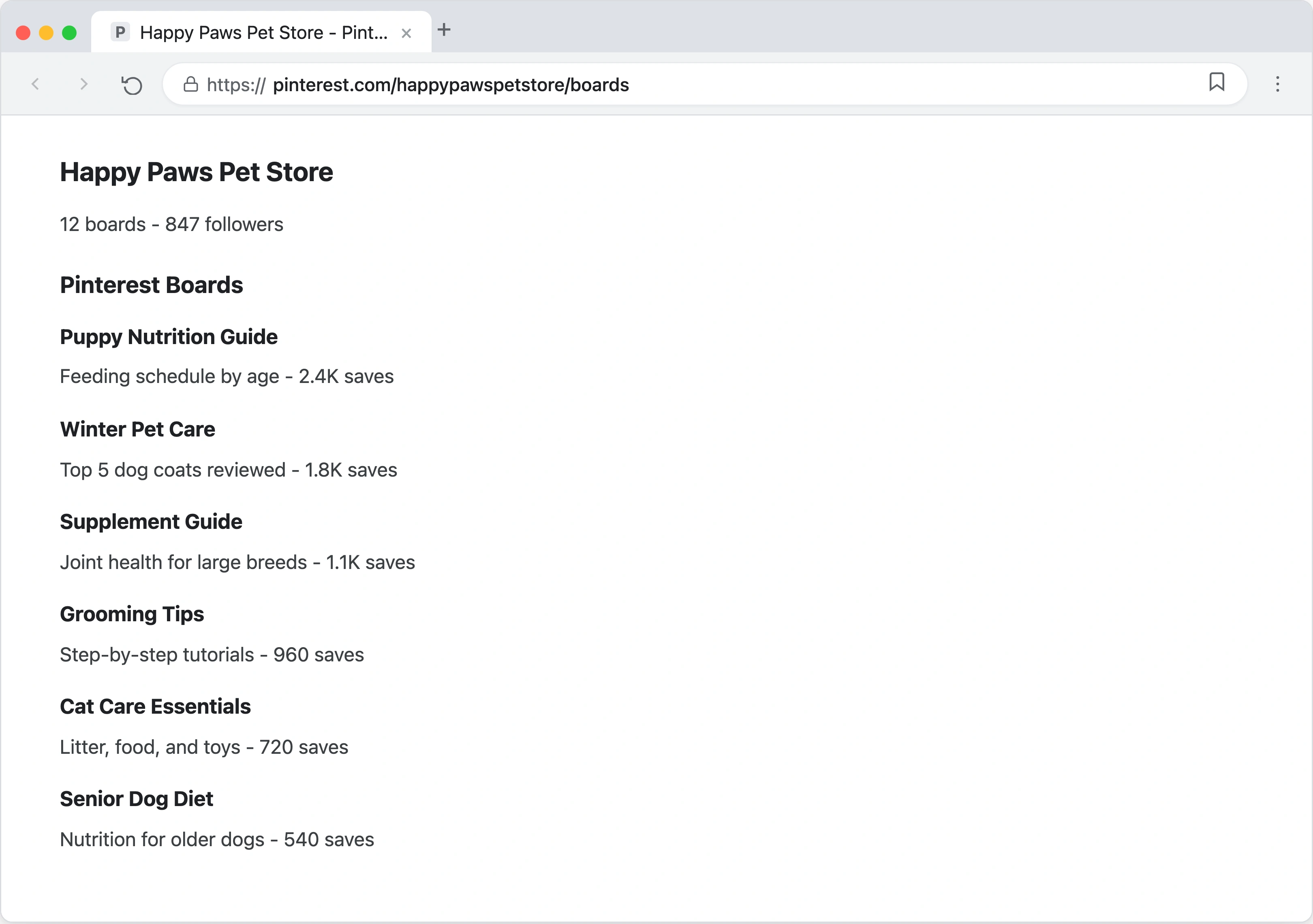 Pinterest board showing pet store pins derived from blog content, including infographic pins for puppy nutrition, product round-ups, and seasonal care guides