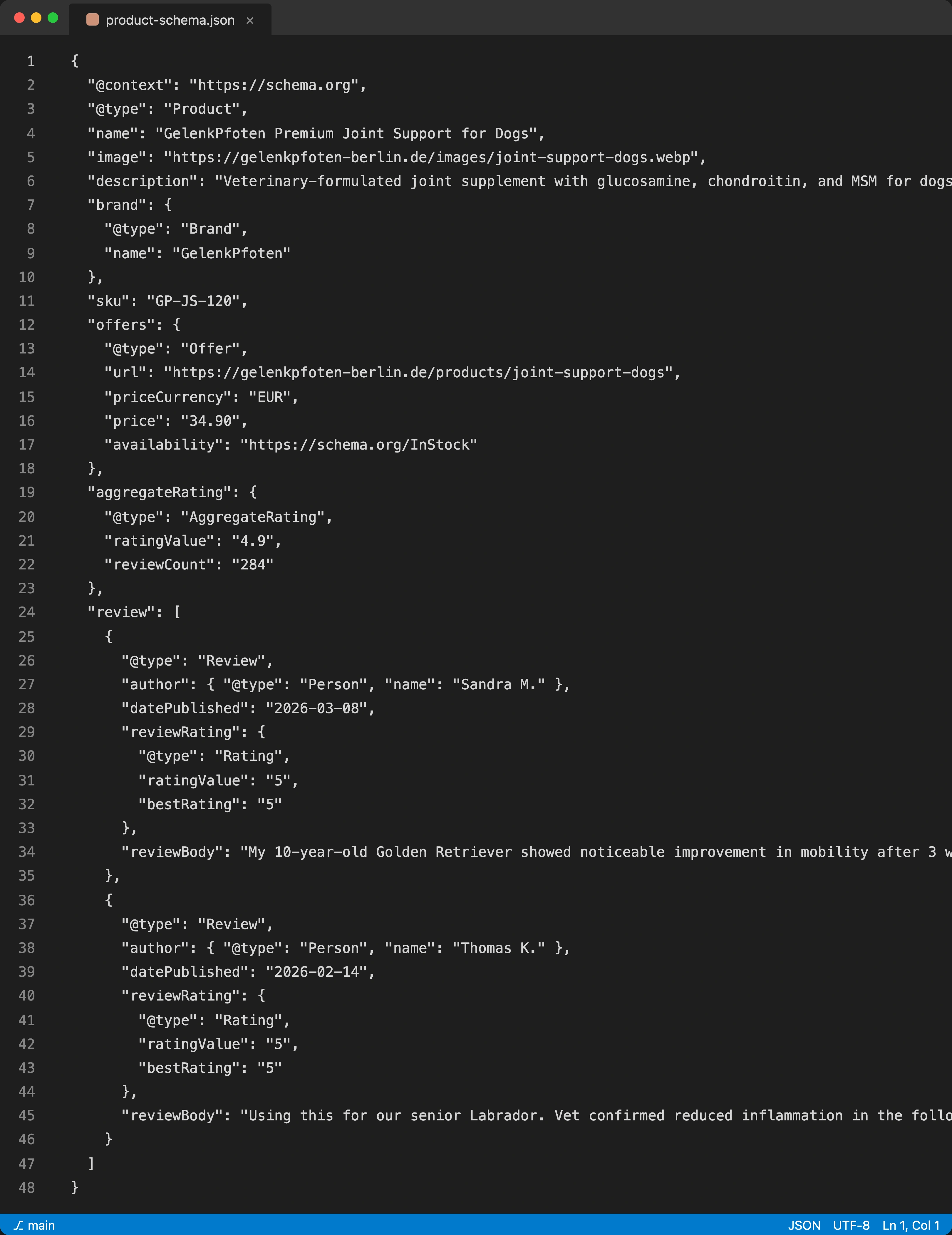 Code editor showing complete Product JSON-LD schema with AggregateRating, individual Review objects, brand, offers with price and availability for a pet supplement product