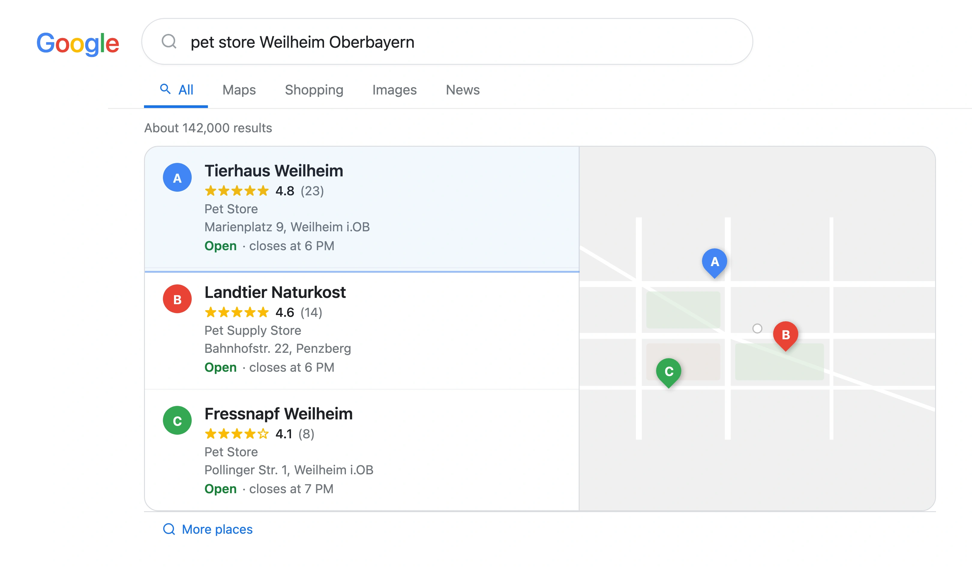 Google local pack results for pet store in a small town showing only 3 results with lower review counts of 23, 14, and 8 reviews spread across a wide 15-mile radius