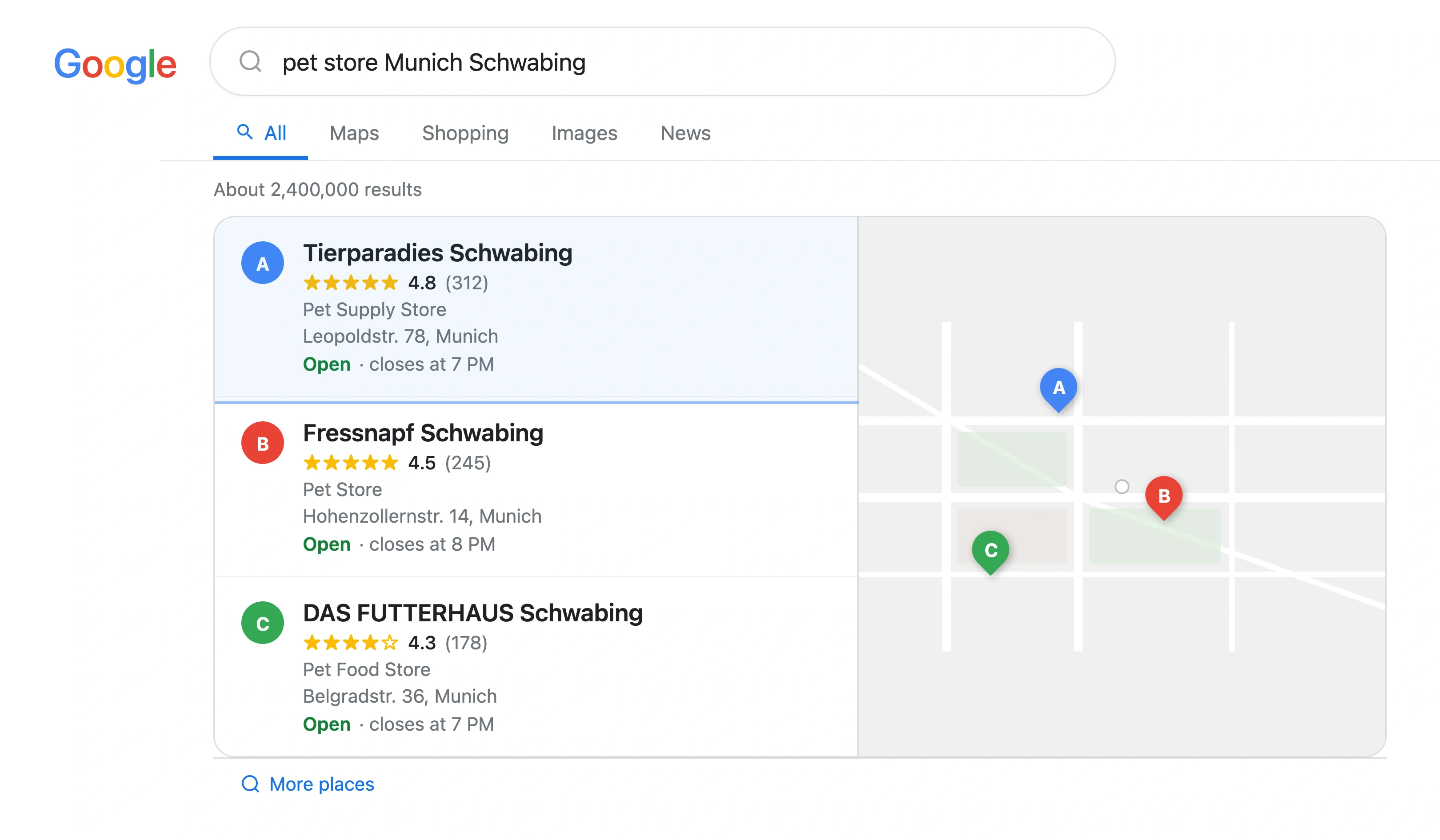 Google local pack results for pet store in Munich showing 3 results with high review counts of 312, 245, and 178 reviews packed within a tight 3-kilometre urban radius