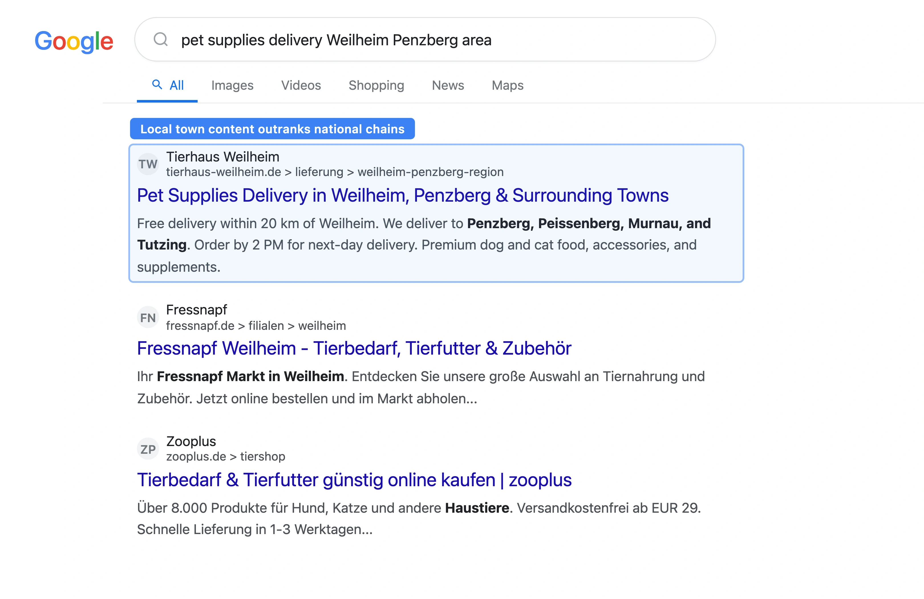 Google search results for pet store delivery Weilheim area showing a rural pet store ranking first with local content about surrounding towns, above chain stores and generic directories