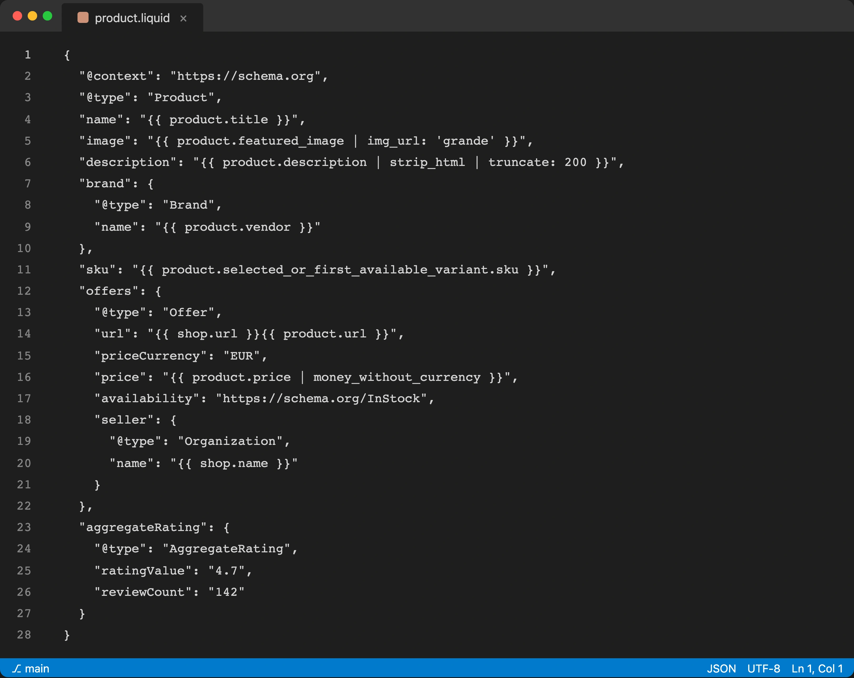 Code editor showing Shopify product.liquid template with Product JSON-LD schema including name, brand, offers with price and availability, and AggregateRating