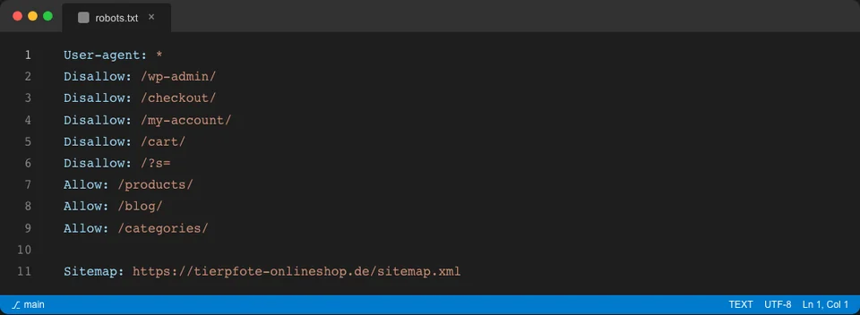 VS Code editor showing a robots.txt file for a pet store with correct disallow rules for admin pages and allow directives for product and blog URLs