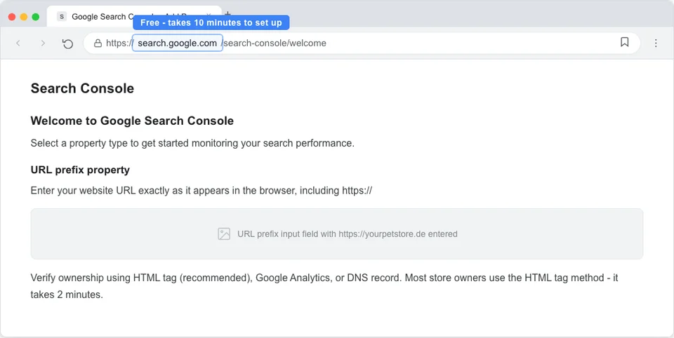 Google Search Console setup screen in a browser showing the property verification step with options to verify via HTML tag, Google Analytics, or DNS record