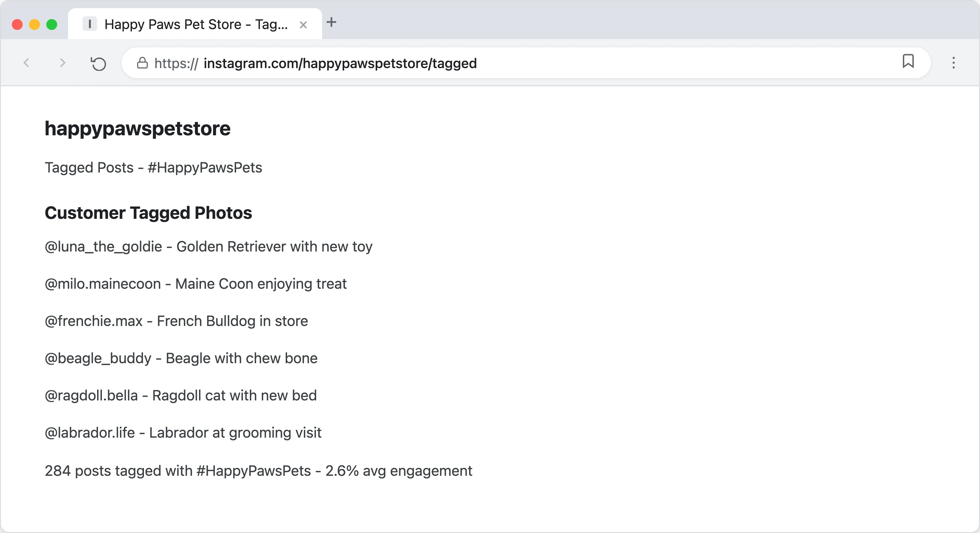 Instagram feed showing customer pet photos tagged with a pet store branded hashtag, featuring dogs and cats enjoying products