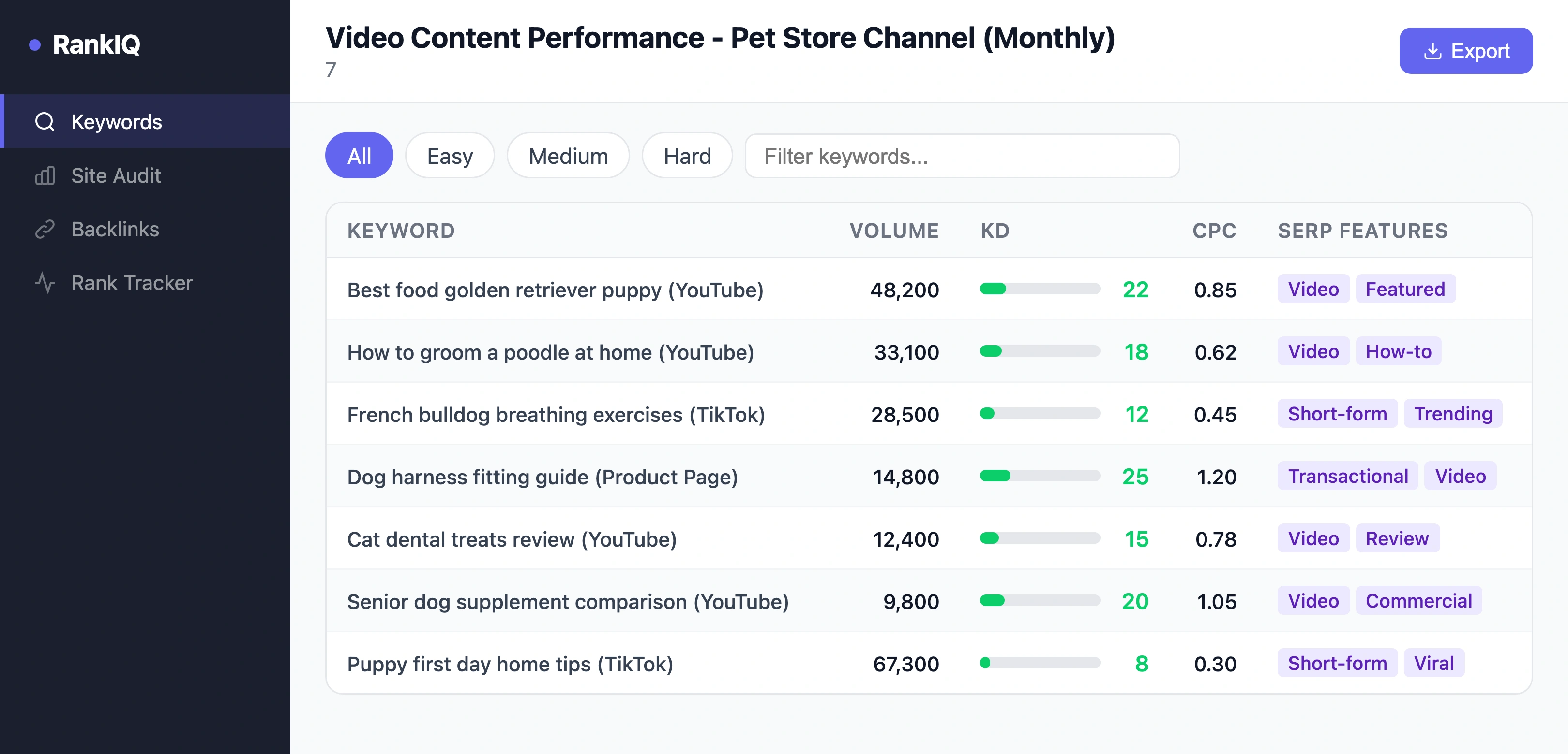 SEO tool showing video content performance metrics including views, watch time, and referral traffic for pet store video content