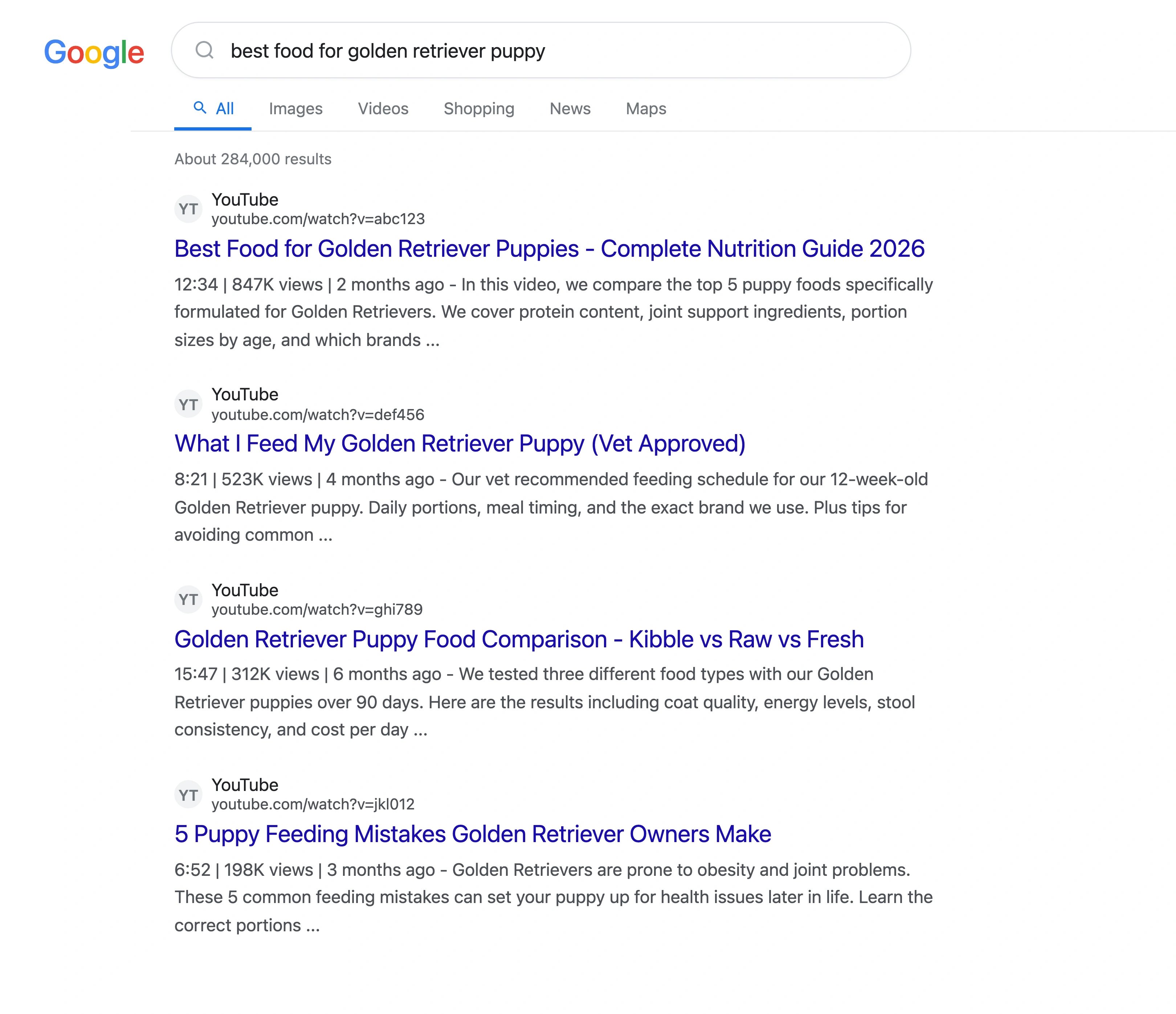 YouTube search results page for best food for golden retriever puppy showing pet store video results with thumbnails and view counts