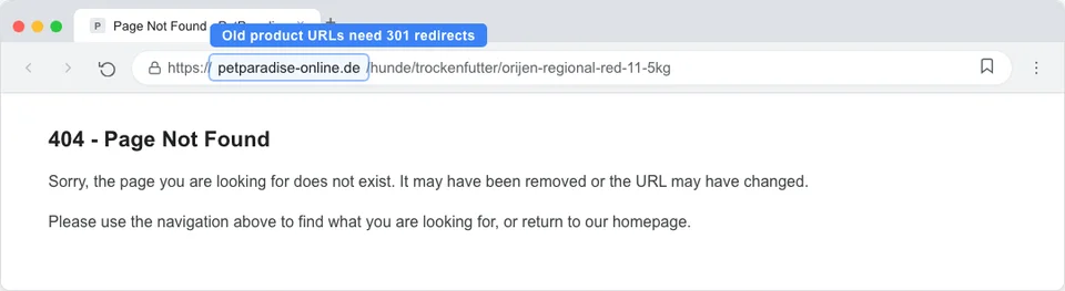 Chrome browser showing a 404 error page on a pet store website where a discontinued product URL returns a broken page without a redirect