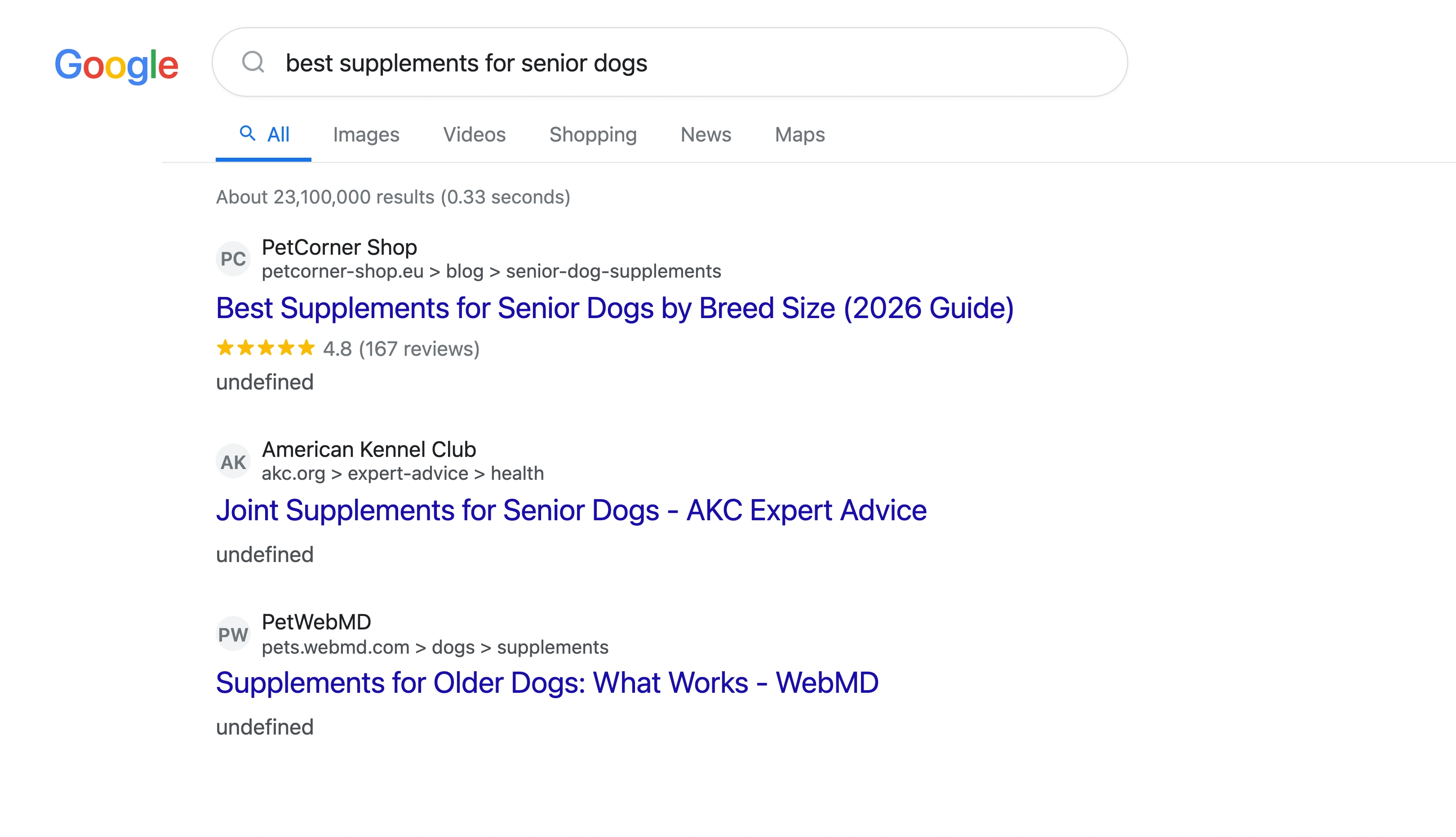 Google search results showing a featured snippet for best supplements for senior dogs with a structured list extracted from a pet store blog