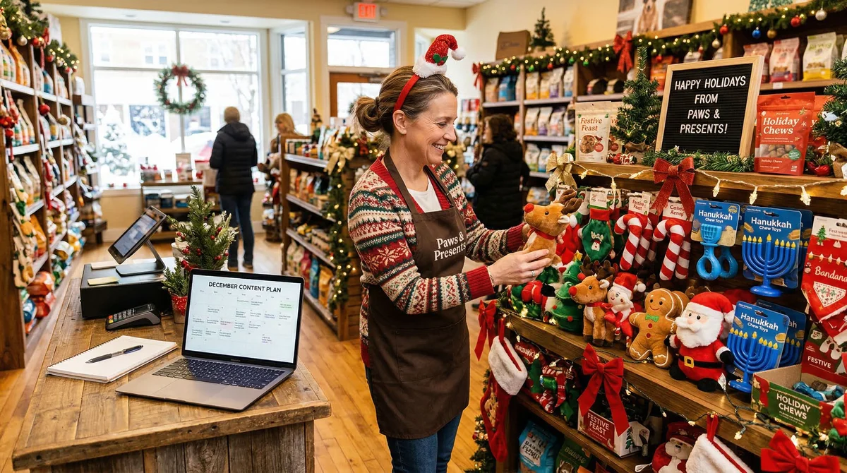 Pet store seasonal display being set up with owner planning content on laptop