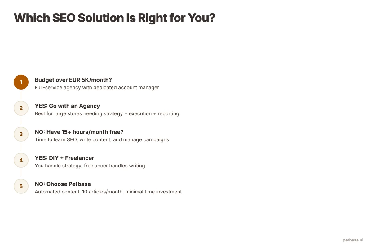 Decision flowchart from budget check through time availability to recommended SEO approach