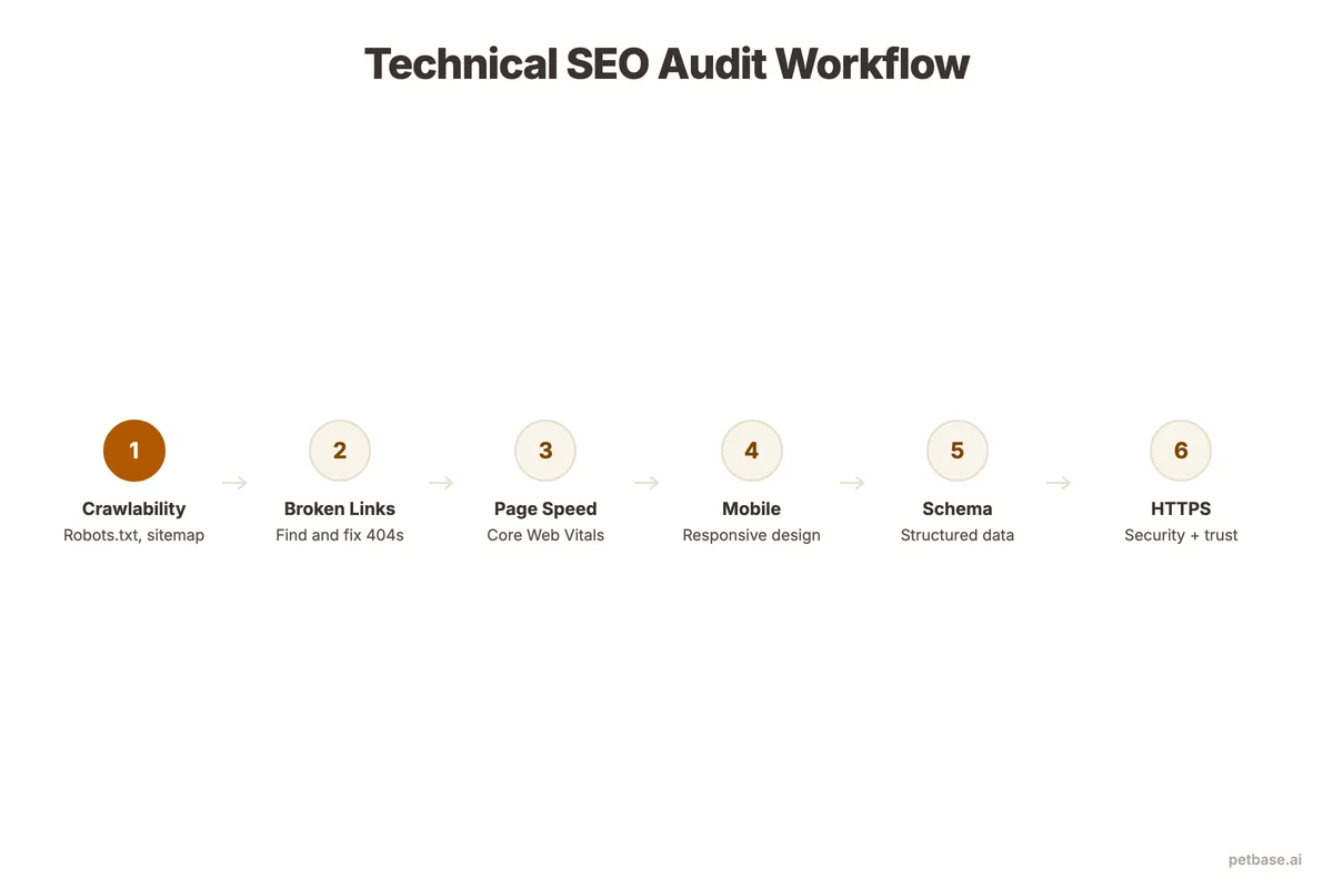 Technical SEO audit flowchart from crawlability check through speed optimization to security