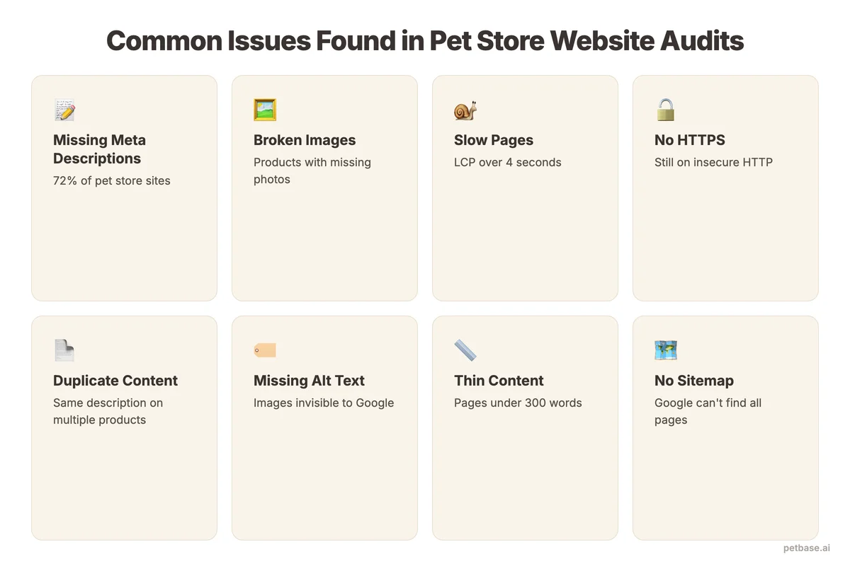 Common website issues including missing meta descriptions, broken images, slow pages, and thin content