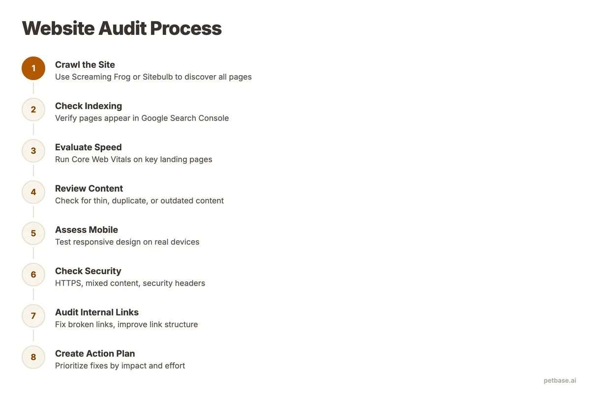 Website audit process flowchart from crawl check through content evaluation to action plan