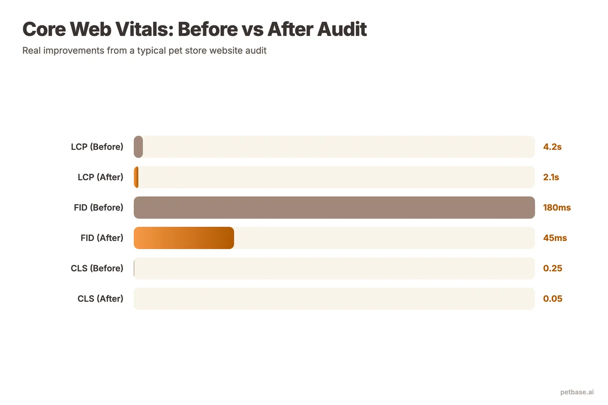 Core Web Vitals before and after optimization showing improvements in LCP, FID, and CLS scores