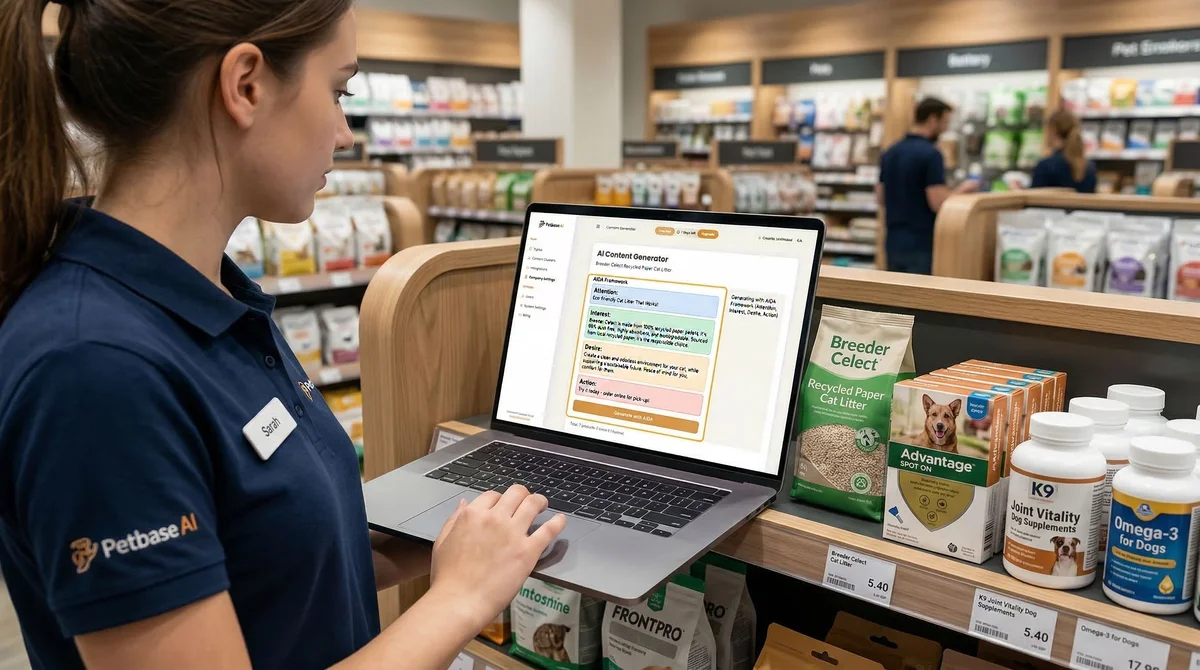 Petbase AIDA product description generator interface showing automated pet product copywriting
