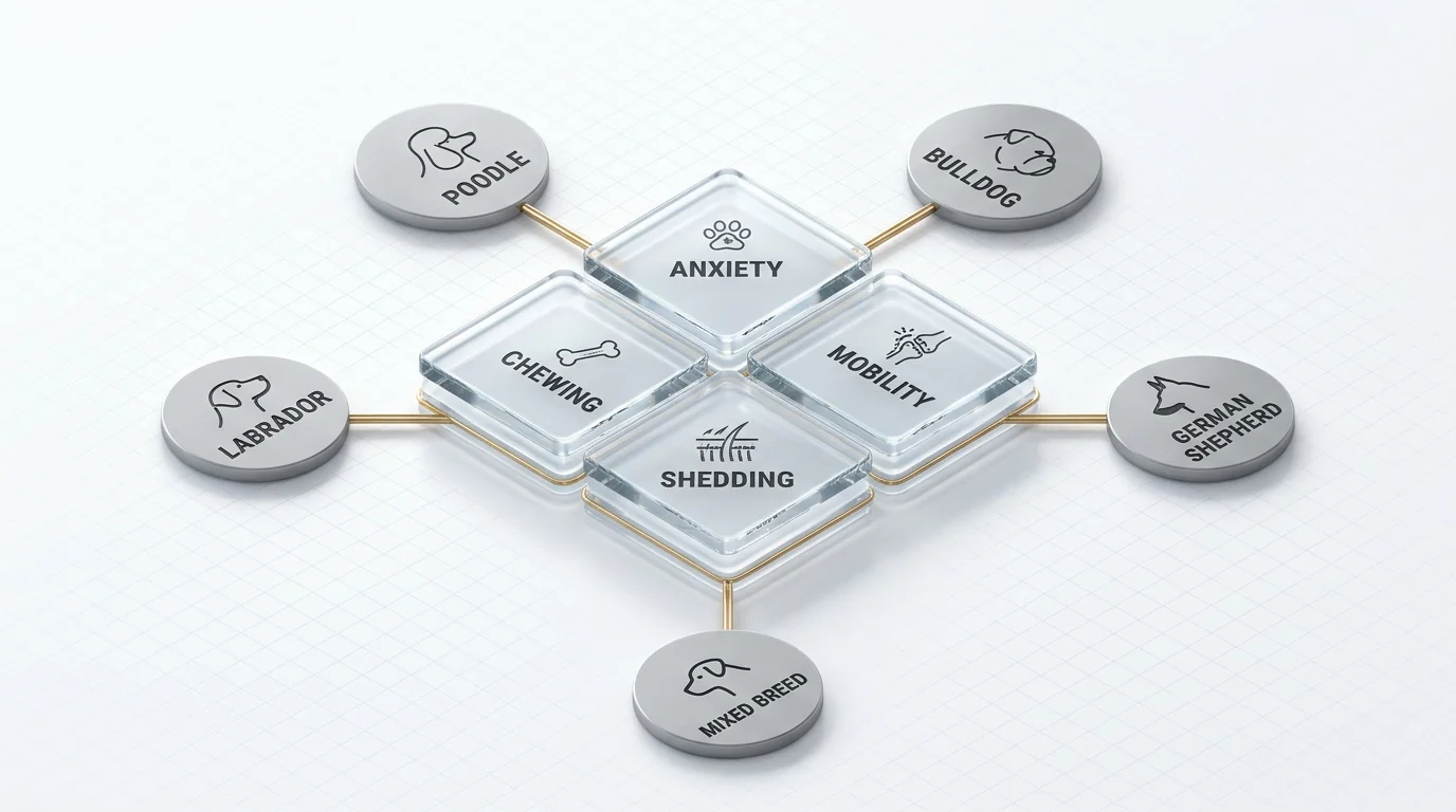 Isometric 3D render of a content hub for a pet catalog: four glossy, semi-transparent glass tiles forming a central cluster labeled 'Chewing', 'Anxiet