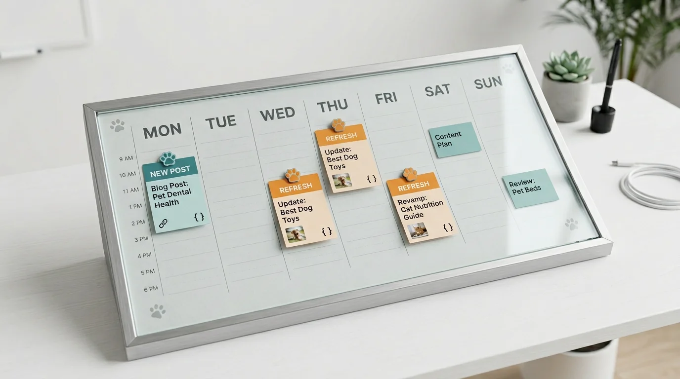 Clean 3D render of a weekly content calendar for a pet blog on a minimal white desk surface. Isometric perspective. The board has 7 vertical columns l