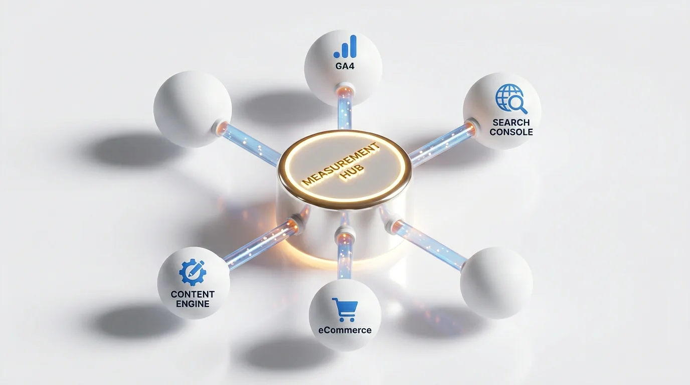 3D render of a central glossy cylinder hub with a glowing gold rim labeled Measurement Hub, connected by semi-transparent data tubes to four floating 