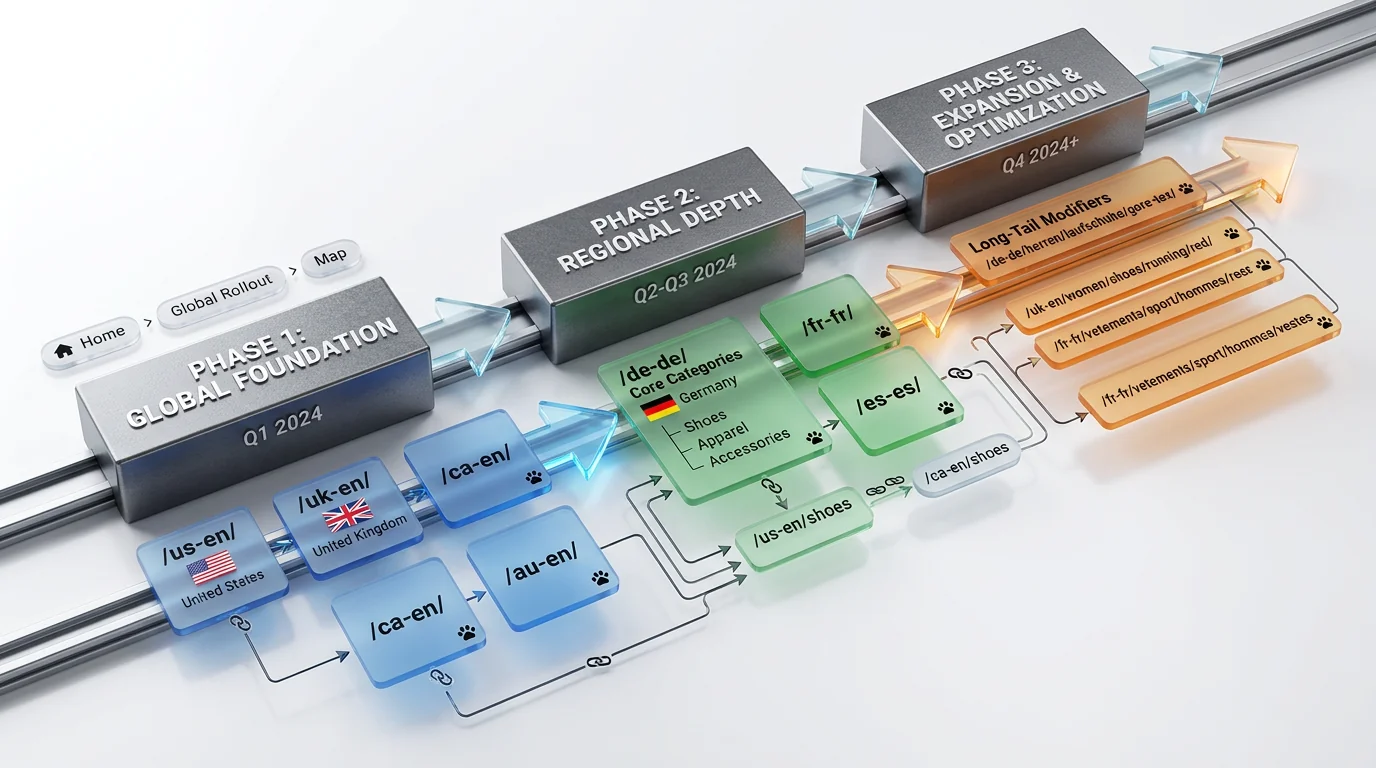 3D render of a left-to-right rollout roadmap with three metallic milestone blocks labeled Phase 1, Phase 2, Phase 3. Under each phase, acrylic tiles s