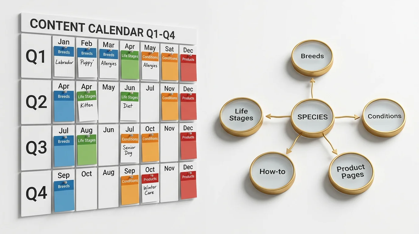 3D render of a planning workspace on a white seamless background. Left: large modular wall calendar tiles arranged into Q1-Q4 with pinned color-coded 