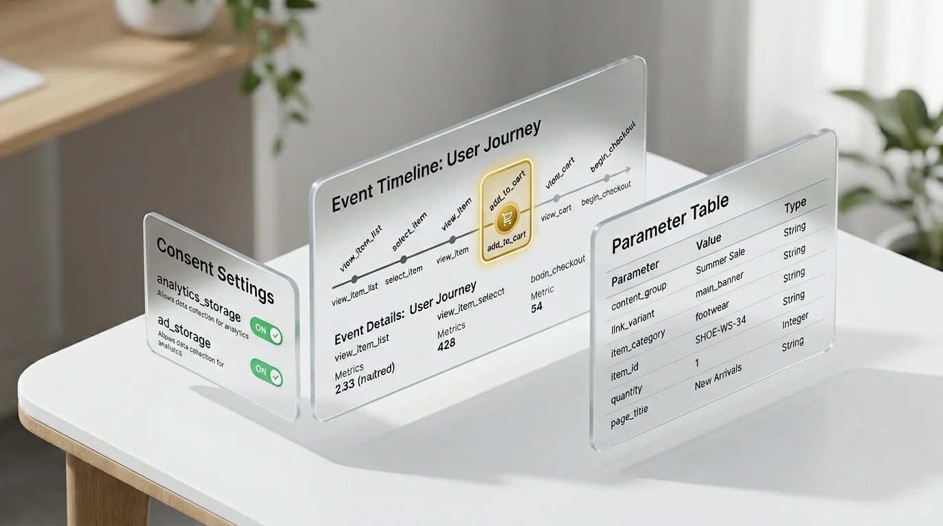 3D render of a GA4 analytics dashboard composed of three glassy UI cards on a white surface, isometric angle. Center panel: event timeline with labele